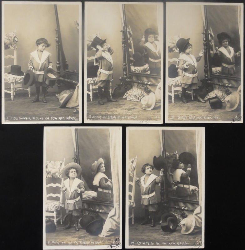 French Set of 5 SMALL CHILD PLAYING AT DRESSING UP IN FRONT OF MIRROR c1903 UB