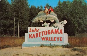 LAKE KABETOGAMA, MN Largest Walleye Fish Roadside Sign 1954 Vintage Postcard