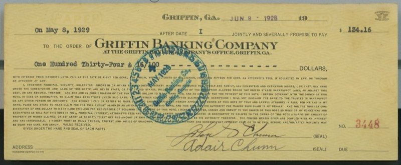 1928 Loan Document Griffin Banking Company Griffin GA $154 John S Chunn   A27