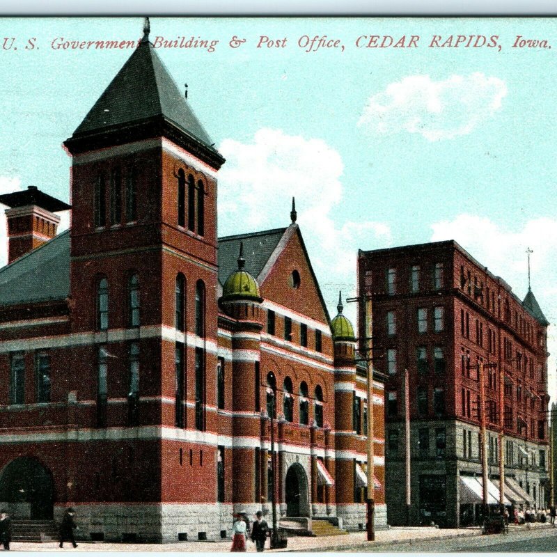 1907 Cedar Rapids IA US Government Building Post Office Litho Photo Postcard A34