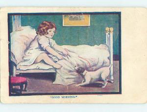 Pre-Linen CUTE GIRL FIGHTS MISCHIEVOUS DOG FOR HER BED COVERS HJ4794