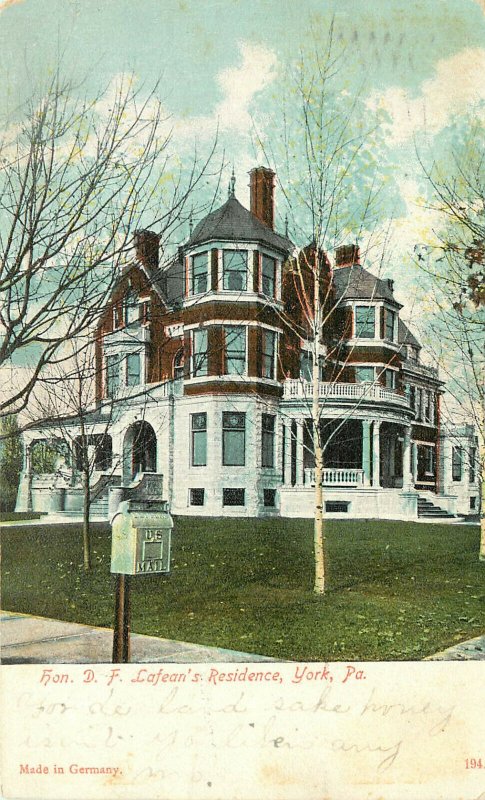 Wheelock Postcard Hon. D.F. Lafean's Residence York PA