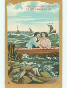 Pre-Linen patriotic COUPLE IN RED WHITE AND BLUE BOAT WITH STARS k7572