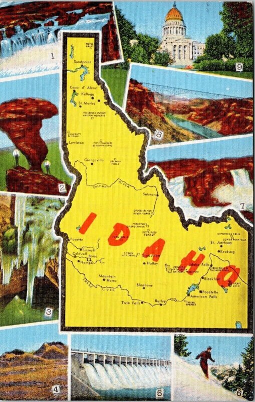 Idaho State Map Multi View Landmarks Capitol Building Bridge Dam Linen Postcard 