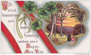 NEW YEAR; Greeting, Shamrocks, Wishbone, Country scene, gold detail, 00-10s