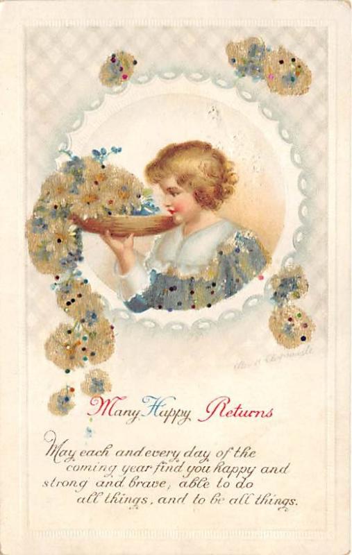 Birthday, Ellen H Clapsaddle, Series 5113 Holiday Unused glitter balls on card