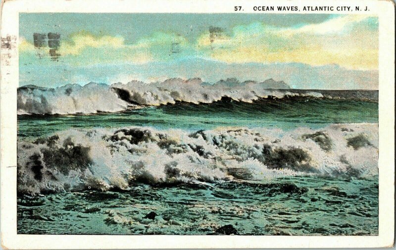 Ocean Waves Atlantic City New Jersey Postcard WB Cancel c1925 1c Franklin Stamp