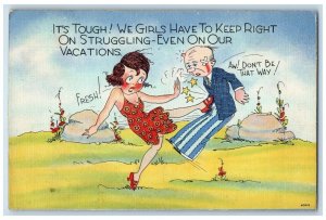 1936 Couple Fighting Woman Kicked Man Niantic Connecticut CT Vintage Postcard