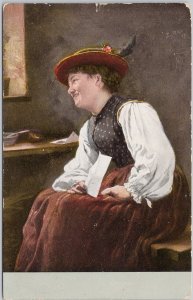Vintage Lithograph Postcard Woman in Red Hat Holding Letter c.1905 H81