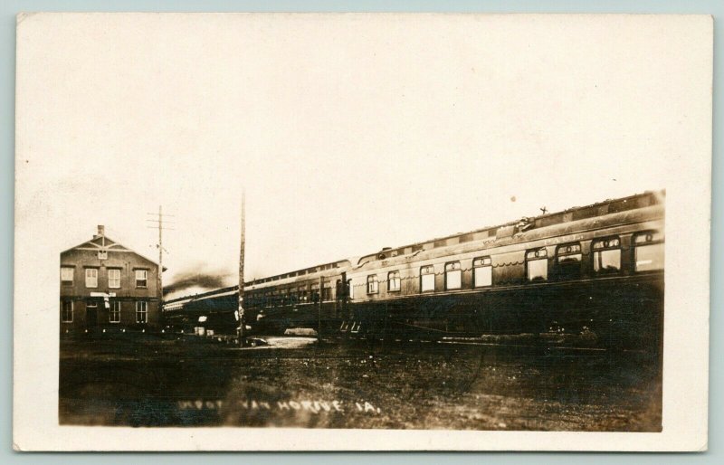 Van Horne Iowa~Railroad Depot~? & St Paul Passenger Train at Station~1910 RPPC 