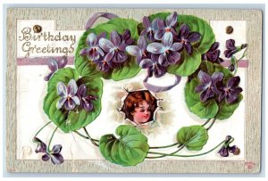 c1910's Birthday Greetings Little Kid Head Pansies Flowers Embossed Postcard