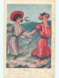 Pre-Linen Risque SEXY GIRLS HOLDING HANDS AT THE BEACH AB6136