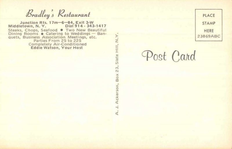 Middletown New York Bradley's Restaurant Vintage Postcard JE359230