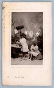 GIRLS PLAYING w/ DOLLS ANTIQUE REAL PHOTO POSTCARD RPPC