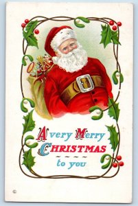 Holly MI Postcard Christmas Santa Claus With Sack Of Toys Berries Mistletoe 1914