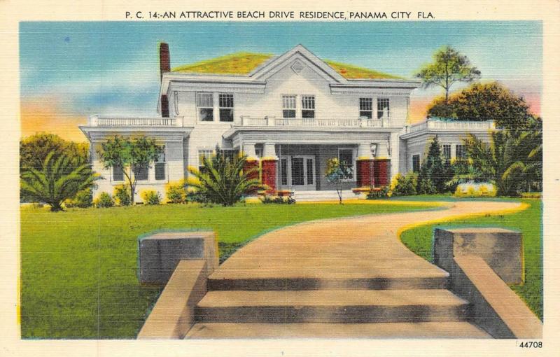 PANAMA CITY, FL Florida   LARGE HOME On BEACH DRIVE   c1940's Linen Postcard