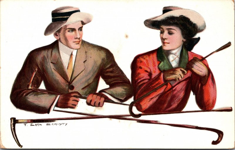 Postcard signed F. Earl Christy Man and Women in hats with canes