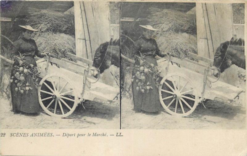 Stereographic view life scene old stereo postcard donkey cart market seller