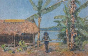 GERMANY COLONIAL PAPUA NEW GUINEA HUT ARTIST SIGNED POSTCARD (c. 1910) PD