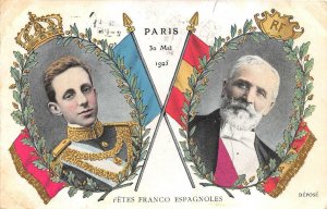 PARIS FRANCE FETES FRANCO ESPAGNOLES PATRIOTIC ROYALTY TO USA POSTCARD 1905