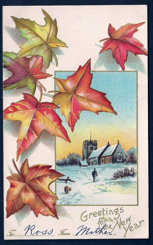 Greetings for the New Year Fall Leaves Church unused c1910