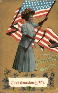 Enosburg Falls VT - Woman Waving American Flag - c1910 Patriotic Postcard