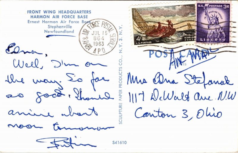 Postcard NL Stephenville Headquarters Harmon Air Force Base Winter APO 1963 S103