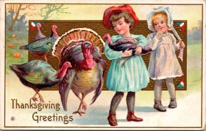 Thanksgiving Postcard Little Girls Holding Baby Turkey while Parents Watch Her