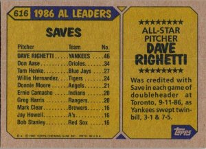 1987 Topps Baseball Card AL All Star Dave Righetti New York Yankees sk3255