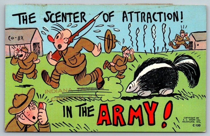 Vintage Saucy Cartoon Humor Postcard - US Army - The Scenter of Attraction