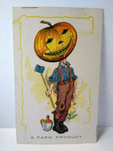 Halloween Postcard Farmboy Goblin Man Fantasy Pumpkin Head In Suspenders Farm 