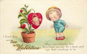 Embossed Valentine Postcard Stecher 78 F, Boy Sees Face on Heart Shaped Flower