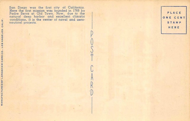 CA, California  SAN DIEGO LARGE LETTER LINEN Greetings   ca1940's Postcard