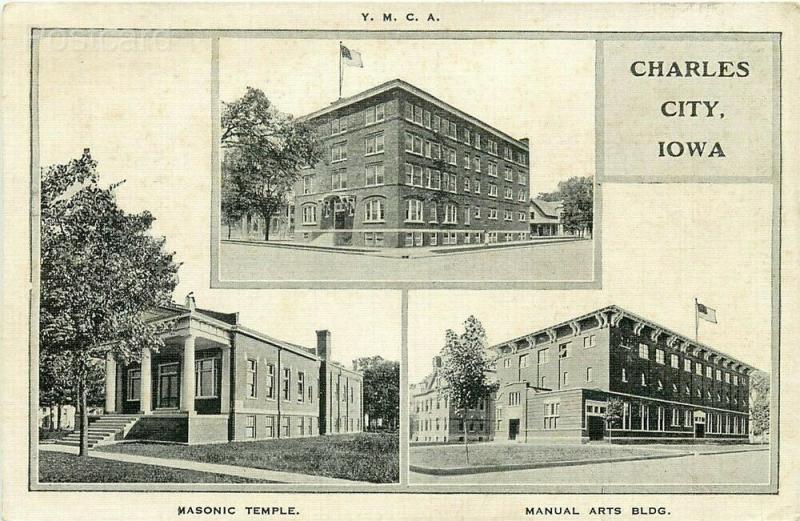 IA, Charles City, Iowa, YMCA, Masonic Temple, Manual Art Building, Multi View