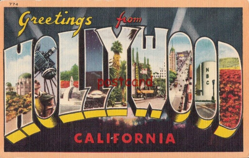 Greetings from HOLLYWOOD California, advertising Postapuzl Postapres, Highlights