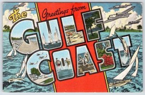 GREETINGS FROM THE GULF COAST LARGE LETTER LINEN POSTCARD UNUSED BOATS PLANES