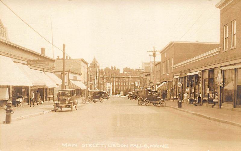 Lisbon Falls ME Roberts Pharmacy Gas Pump Old Cars Real Photo Postcard