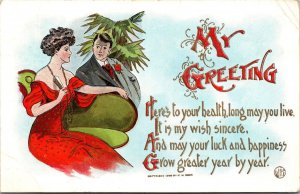 Vtg Greeting Here's to your Health Happiness Luck Man Woman 1910s Postcard