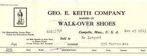 1913 CAMPELLO MASS GEO. E KEITH COMPANY WALK-OVER SHOES BILLHEAD INVOICE Z1150