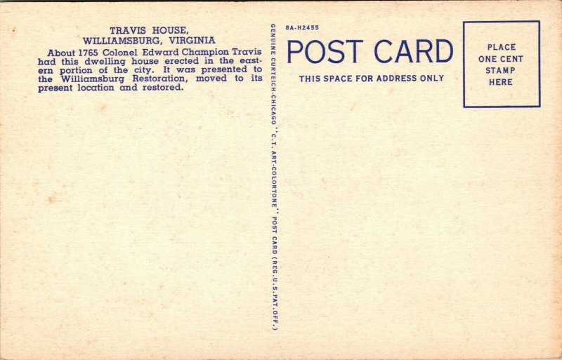 Williamsburg Virginia VA Travis House Linen Vintage Postcard