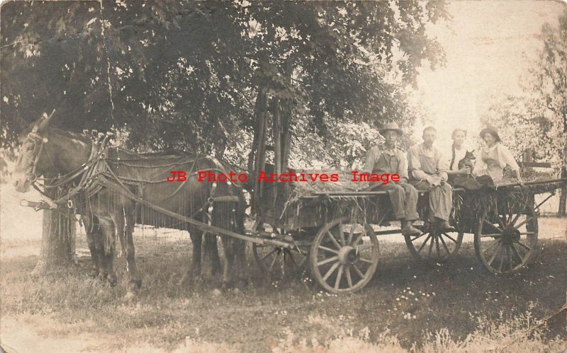 Unknown Location, RPPC, Farmers Sitting on Horse Drawn Hay Wagon