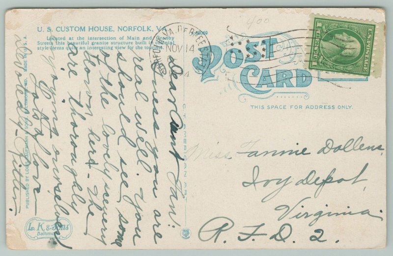 Norfolk Virginia~US Custom House Entrance~1920s Postcard