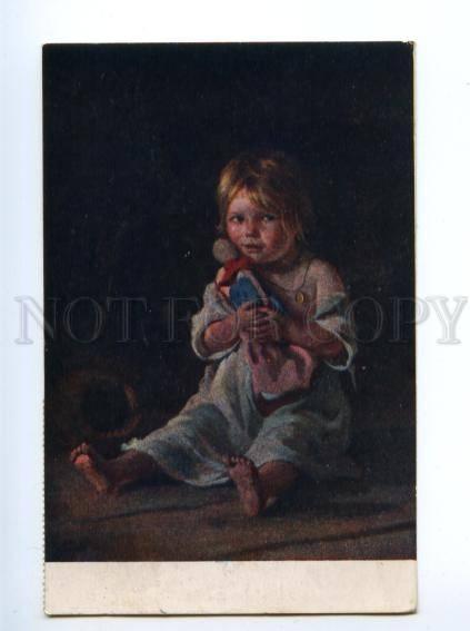 138041 Girl w/ DOLL by LEMOKH vintage RUSSIAN color PC