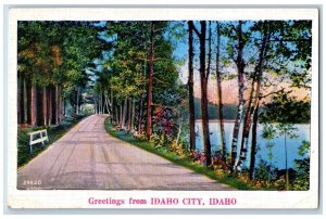 Idaho City Idaho ID Postcard Greetings Road Street Trees Lake View c1920 Vintage