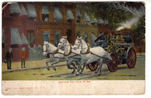 Going to the Fire, Horse Drawn Fire Wagon, Firefighters, Used 1905 Flag Cancel