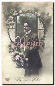 Postcard Old Man Fancy Bonne fete Flowers