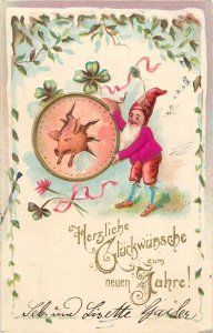 Embossed 1904 New Year greetings fantasy silk material gnome dwarf luck pig 