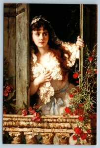 WOMAN LADY in white dress on balcony by CARL BECKER Pre-Raphaelites NEW Postcard