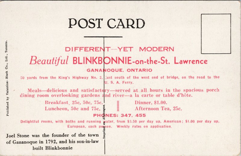 Joel Stone Room Blinkbonnie on the St. Lawrence Gananoque ON Advert Postcard E65