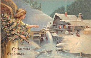 Christmas Greetings Angel W Christmas Tree Visits Winter Cabin, Embossed, PC U90